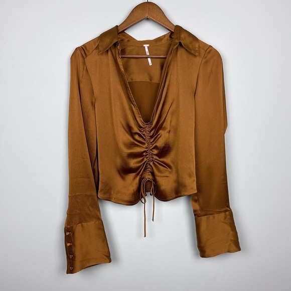 Free People Aurora Satin Blouse Tiger Eye - Picture 4 of 10